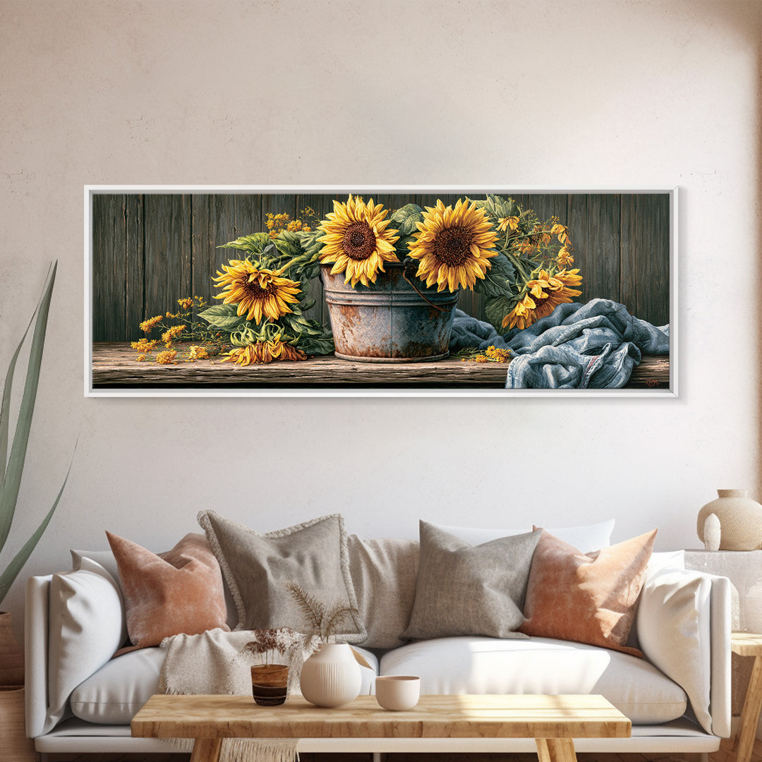 Sunflowers in a Metal Bucket Framed Canvas Print, Rustic Art, Room Decor, Farmhouse Decor, Fine Art, Rustic, Oil Painting, RUS-3x1-52