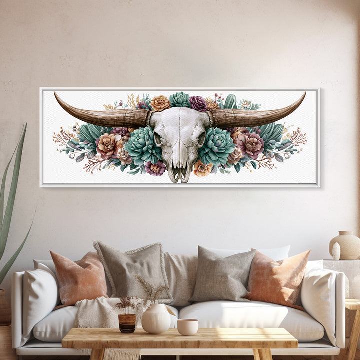 Cow Skull with Desert Flowers Framed Canvas Print, Rustic Art, Landscape Painting, Farmhouse Decor, Watercolor Art, Rustic, RUS-3x1-57