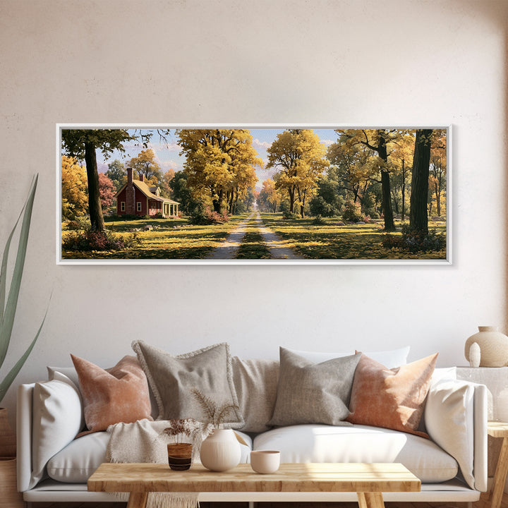 Forest Path with Golden Autumn Leaves Framed Canvas Print, Rustic Art, Farmhouse Decor, Oil Painting, Rustic, Gallery Wall Art, RUS-3x1-58