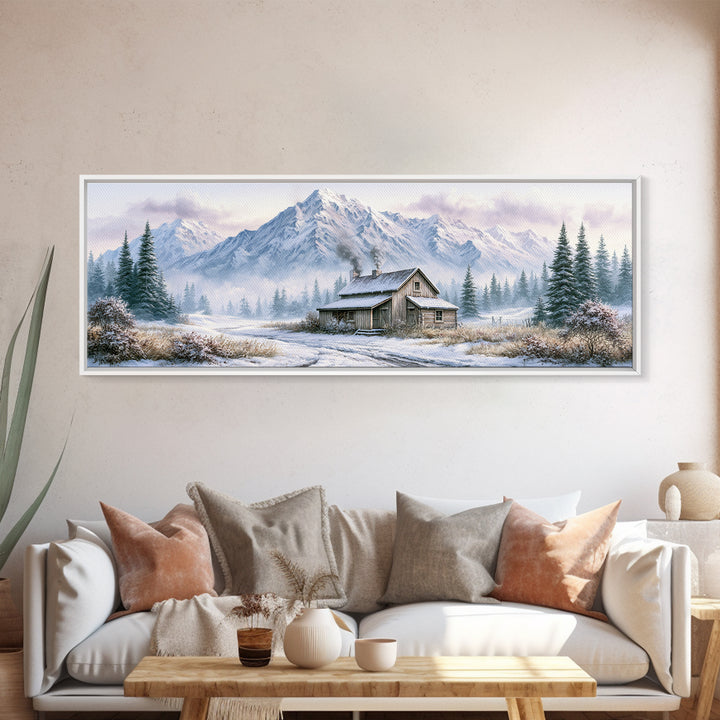 Winter Mountain Scene Framed Canvas Print, Rustic Art, Room Decor, Farmhouse Decor, Fine Art, Rustic, Oil Painting, RUS-3x1-63