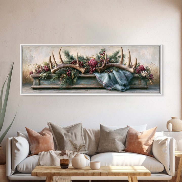 Deer Antlers with Pine Branches and Berries Canvas Print, Rustic Art, Abstract Wall Art, Farmhouse Decor, Watercolor Art, RUS-3x1-66