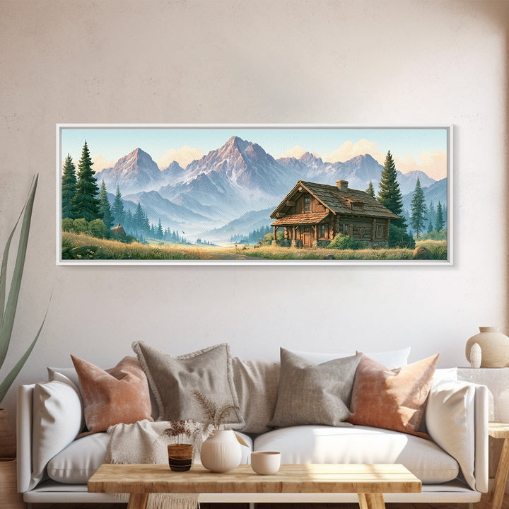 Mountain Cabin Landscape Framed Canvas Print, Rustic Art, Oil Painting, Farmhouse Decor, Fine Art, Rustic, Modern Art, RUS-3x1-67