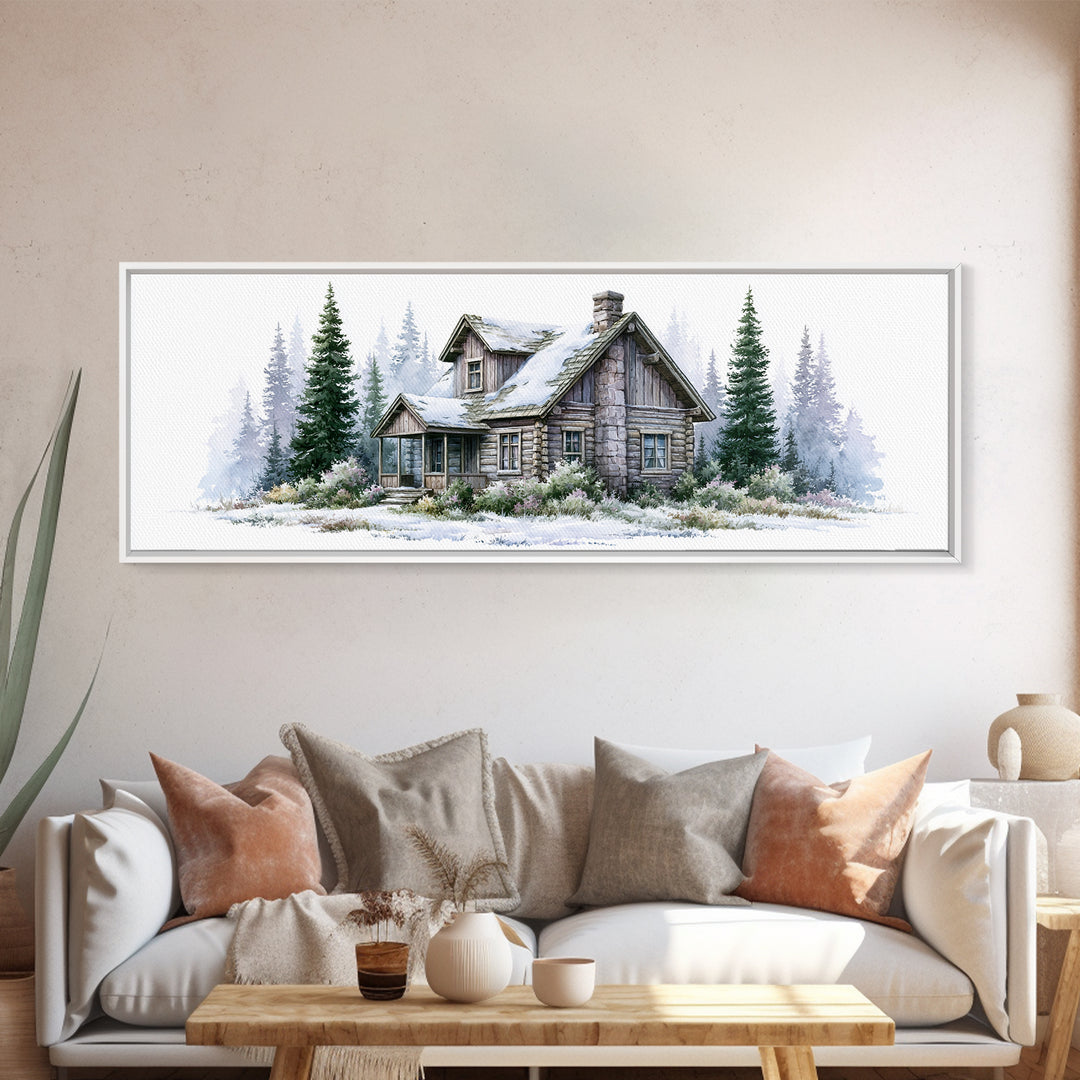 Log Cabin with Snowy Pines Framed Canvas Print, Rustic Art, Wall Decor, Farmhouse Decor, Fine Art, Rustic, Wall Art, Home Decor, RUS-3x1-7