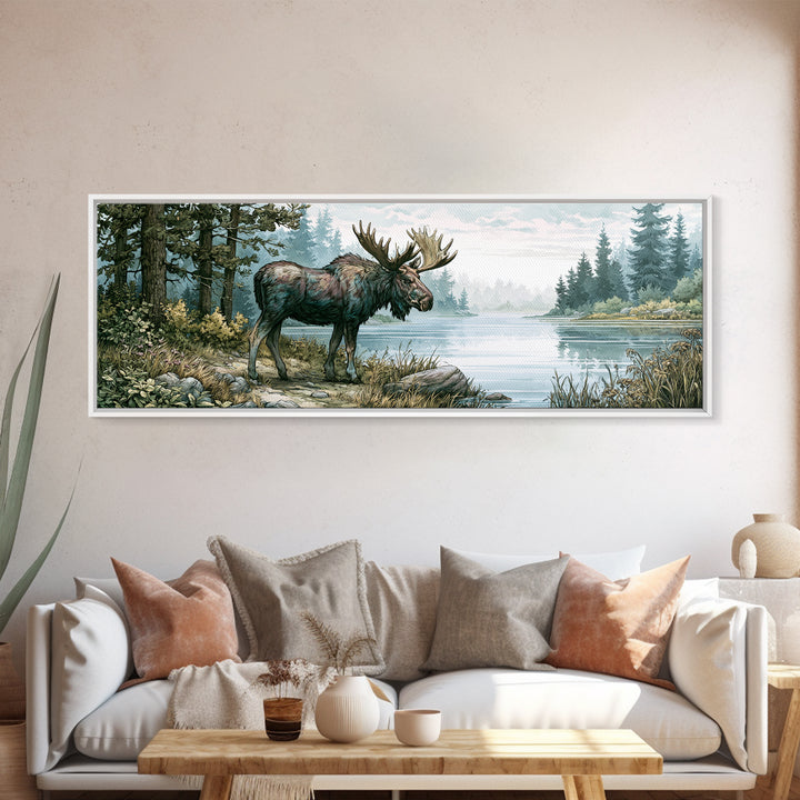 Moose Standing by a Quiet Lake Framed Canvas Print, Rustic Art, Gallery Wall Art, Farmhouse Decor, Oil Painting, Rustic, RUS-3x1-73