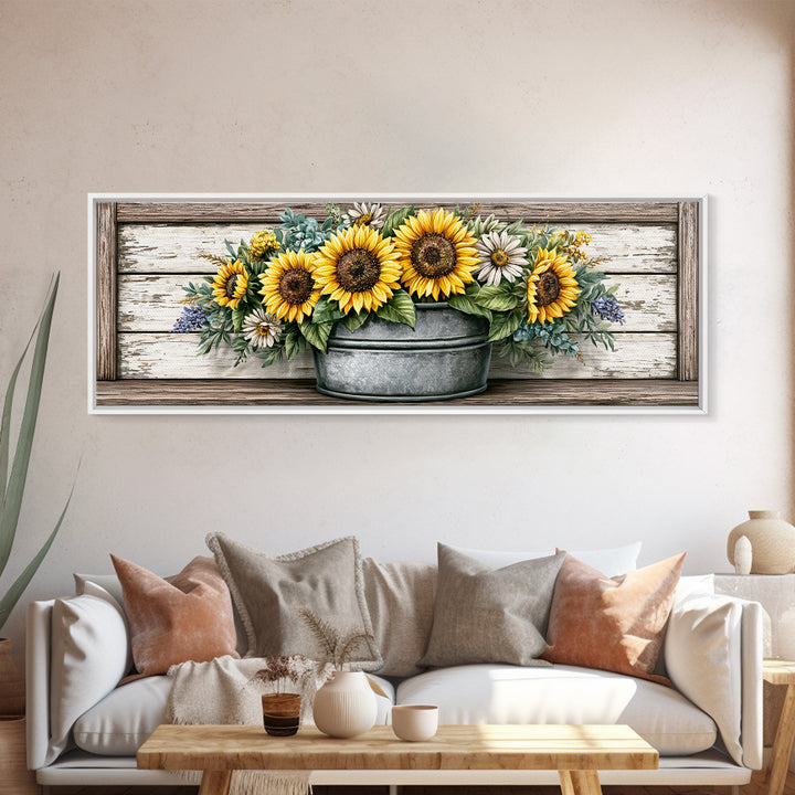 Sunflowers in a Metal Bucket Canvas Print, Rustic Art, Home Decor, Farmhouse Decor, Oil Painting, Rustic, Living Room Decor, RUS-3x1-76