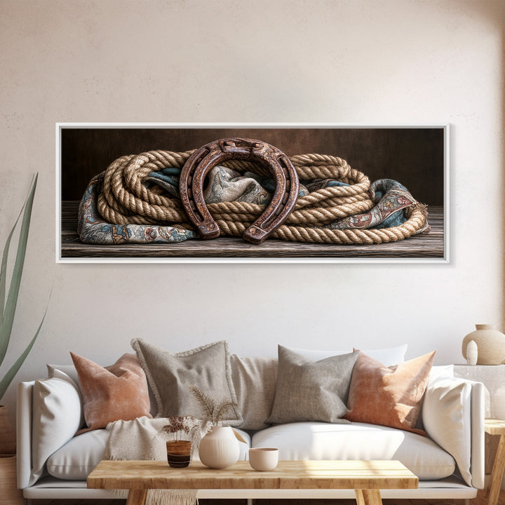 Rusty Horseshoe and Rope Composition Framed Canvas Print, Rustic Art, Modern Art, Farmhouse Decor, Rustic, Neutral Decor, RUS-3x1-77