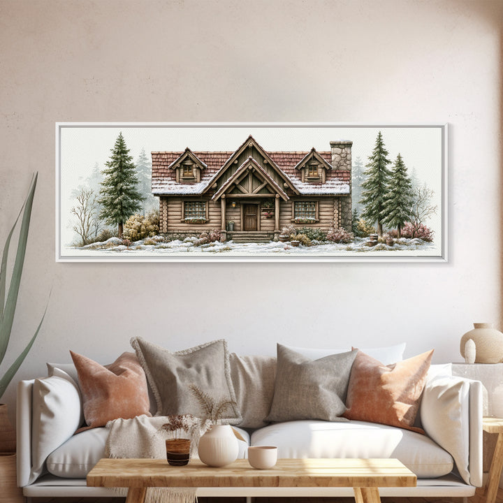 Log Cabin with Snowy Pines Framed Canvas Print, Rustic Art, Printable Art, Farmhouse Decor, Oil Painting, Rustic, RUS-3x1-79