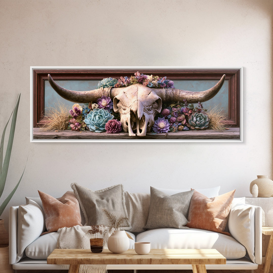 Cow Skull with Desert Flowers Framed Canvas Print, Rustic Art, Landscape Painting, Farmhouse Decor, Watercolor Art, Rustic, RUS-3x1-81