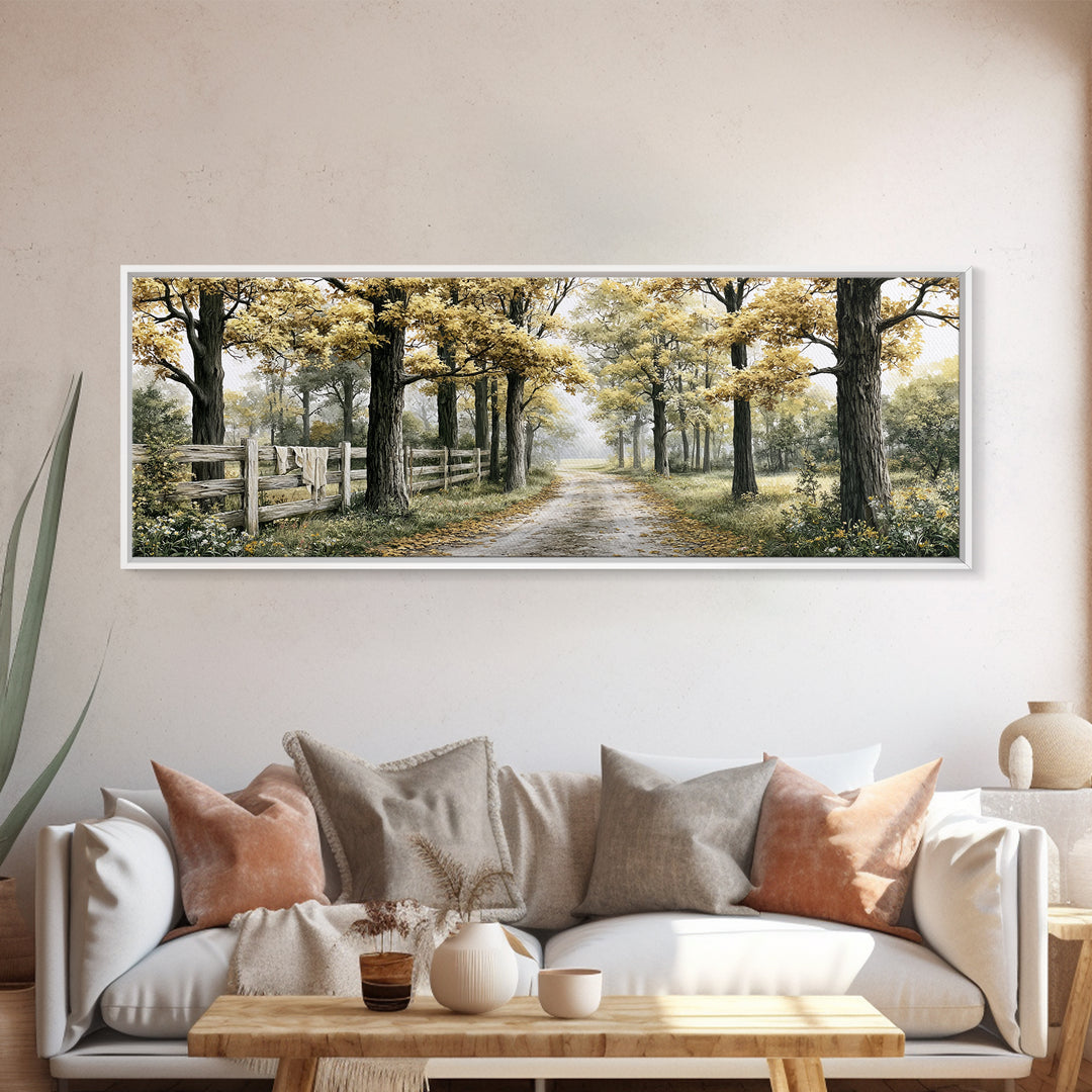 Forest Path with Golden Autumn Leaves Framed Canvas Print, Rustic Art, Farmhouse Decor, Oil Painting, Rustic, Gallery Wall Art, RUS-3x1-82