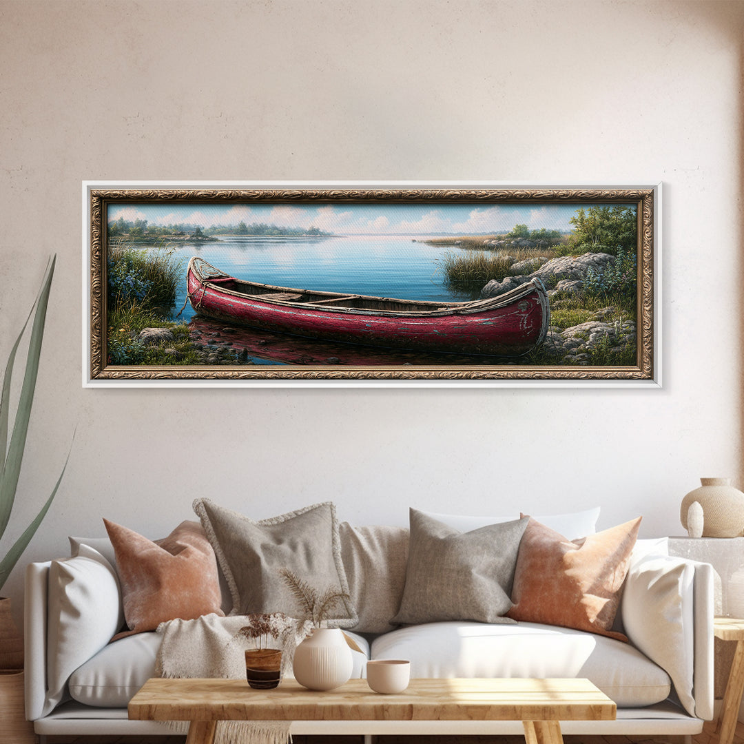 Old Canoe Pulled Onto a Lake Shore Framed Canvas Print, Rustic Art, Painting, Farmhouse Decor, Fine Art, Rustic, Boho Wall Art, RUS-3x1-84