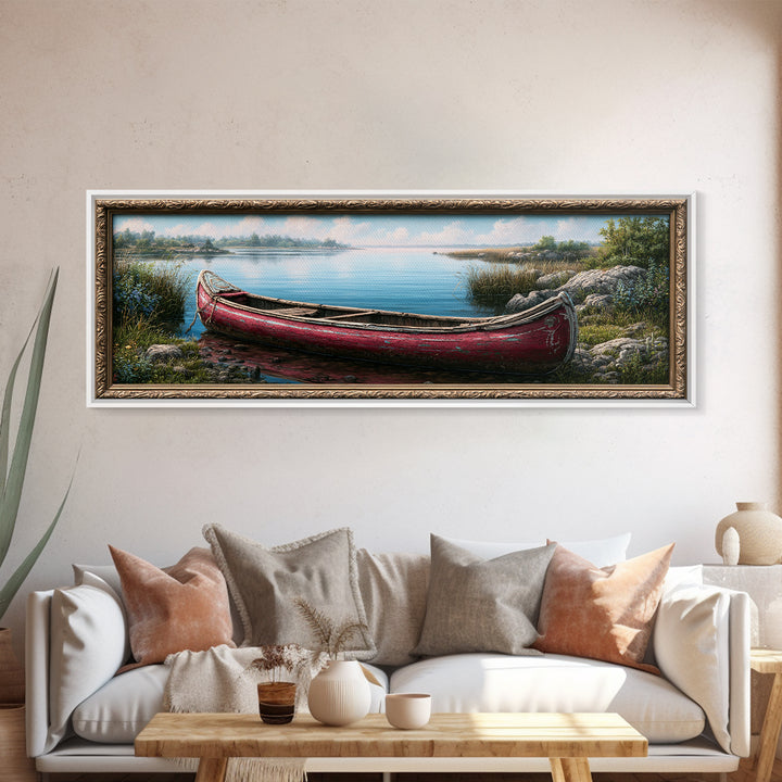 Old Canoe Pulled Onto a Lake Shore Framed Canvas Print, Rustic Art, Painting, Farmhouse Decor, Fine Art, Rustic, Boho Wall Art, RUS-3x1-84