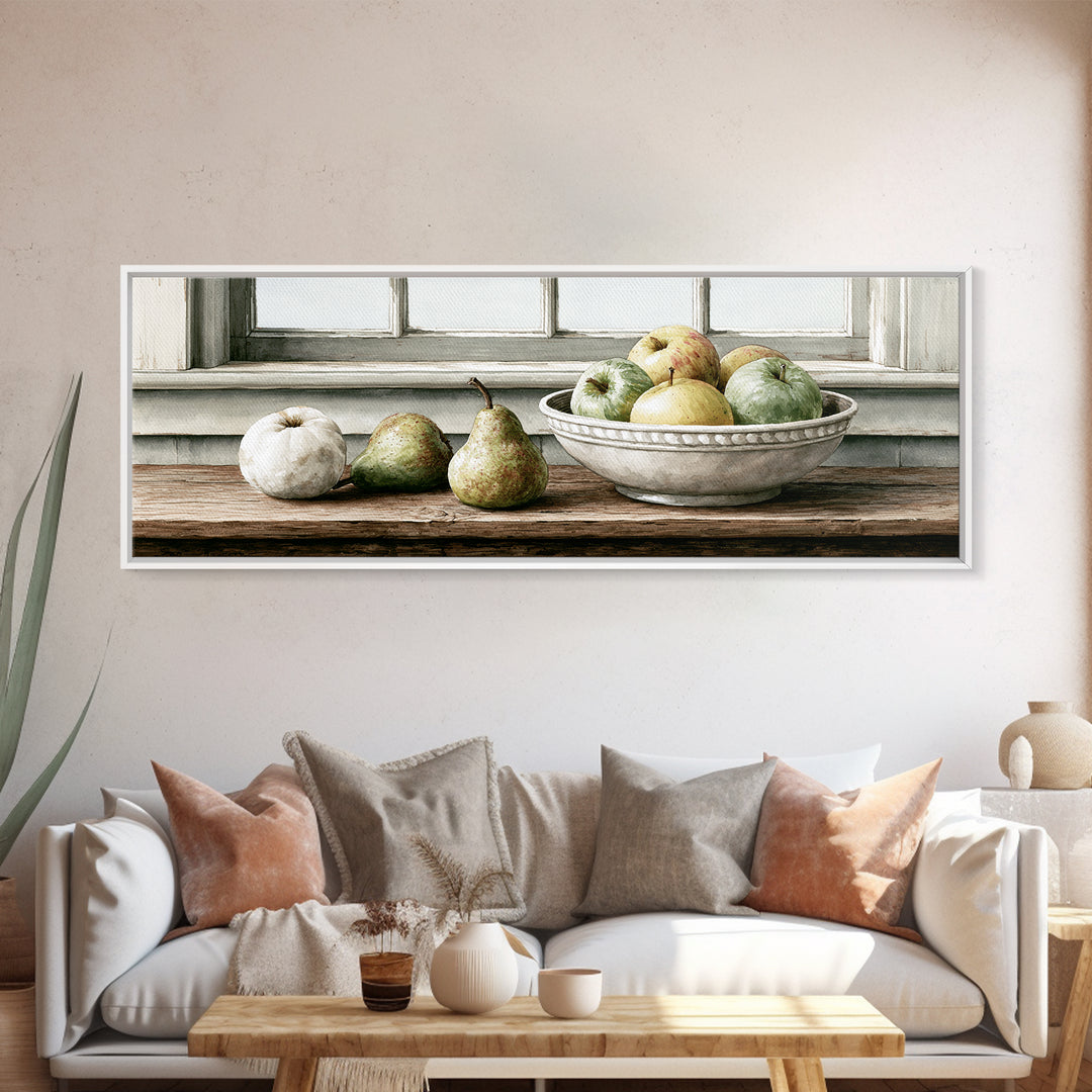 Rustic Pear and Apple Still Life Canvas Print, Rustic Art, Eclectic Wall Art, Farmhouse Decor, Oil Painting, Rustic, RUS-3x1-85