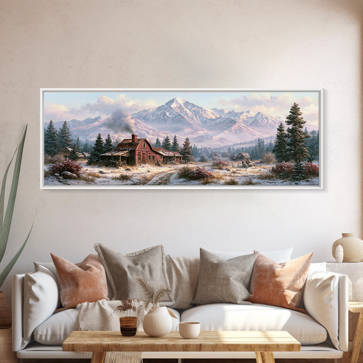 Winter Mountain Scene Framed Canvas Print, Rustic Art, Printable Wall Art, Farmhouse Decor, Watercolor Art, Rustic, Wood Art, RUS-3x1-87