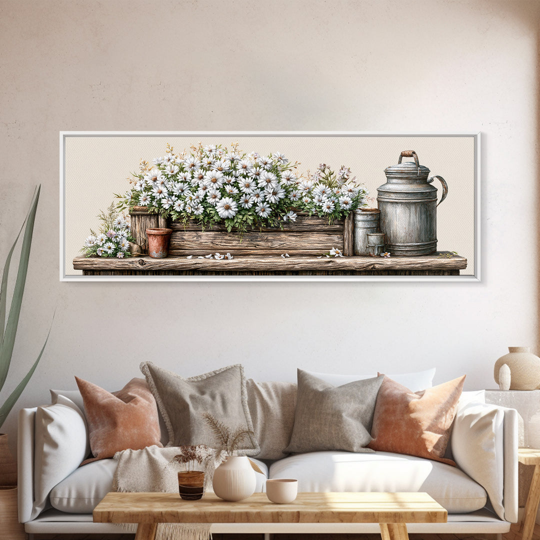 Weathered Barn Wood and Wildflower Still Life Framed Canvas Print, Rustic Art, Living Room Art, Farmhouse Decor, Rustic, RUS-3x1-89
