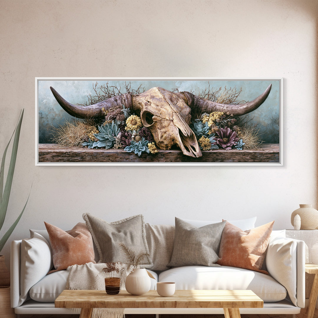 Cow Skull with Desert Flowers Framed Canvas Print, Rustic Art, Wood Wall Art, Farmhouse Decor, Rustic, Eclectic Wall Art, RUS-3x1-9