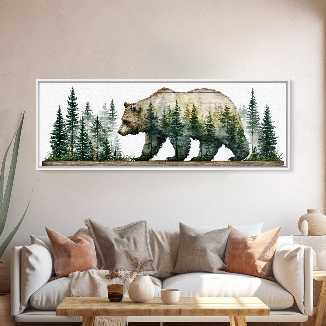 Bear Silhouette Among Pine Trees Canvas Print, Rustic Art, Textured Painting, Farmhouse Decor, Oil Painting, Rustic, RUS-3x1-95