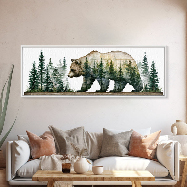 Bear Silhouette Among Pine Trees Canvas Print, Rustic Art, Textured Painting, Farmhouse Decor, Oil Painting, Rustic, RUS-3x1-95
