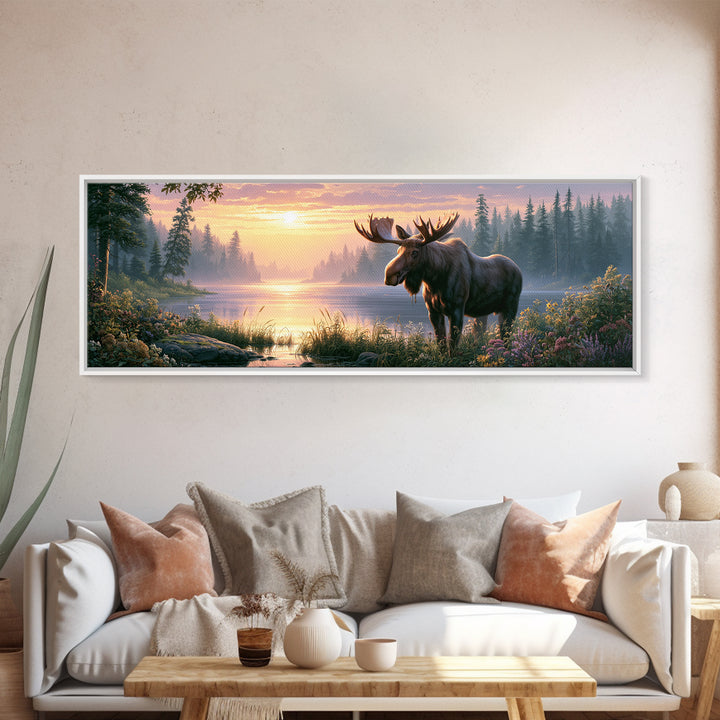 Moose Standing by a Quiet Lake Canvas Print, Rustic Art, Gallery Decor, Farmhouse Decor, Fine Art, Rustic, Contemporary Art, RUS-3x1-97