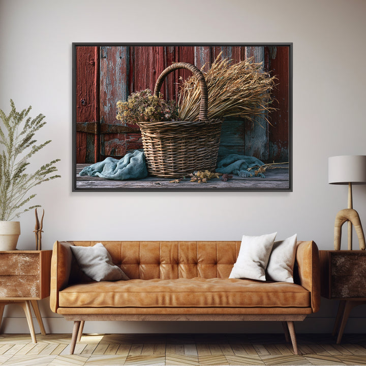 Handwoven Basket with Dried Grasses Framed Canvas Print, Rustic Art, Modern Decor, Farmhouse Decor, Oil Painting, Rustic, RUS-3x2-100