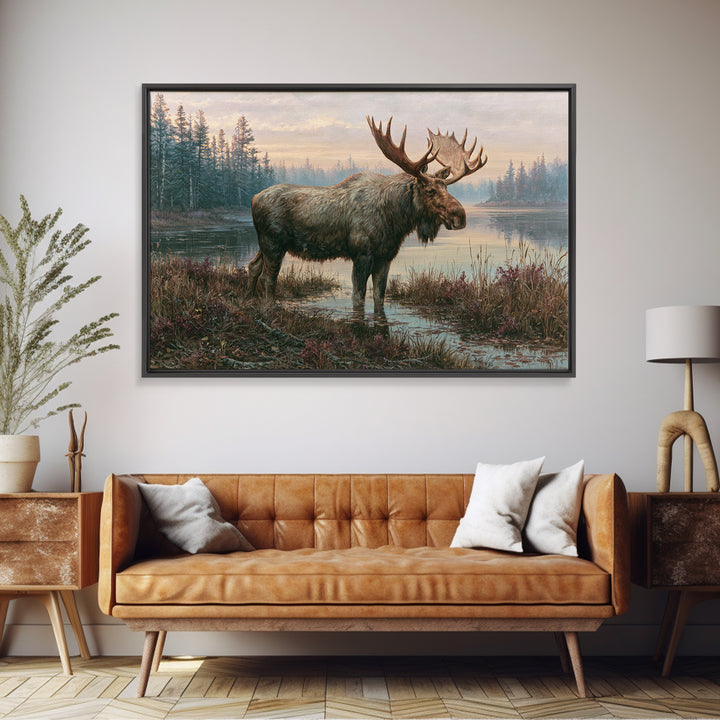 Moose Standing by a Quiet Lake Framed Canvas Print, Rustic Art, Boho Wall Art, Farmhouse Decor, Rustic, Downloadable Art, RUS-3x2-13