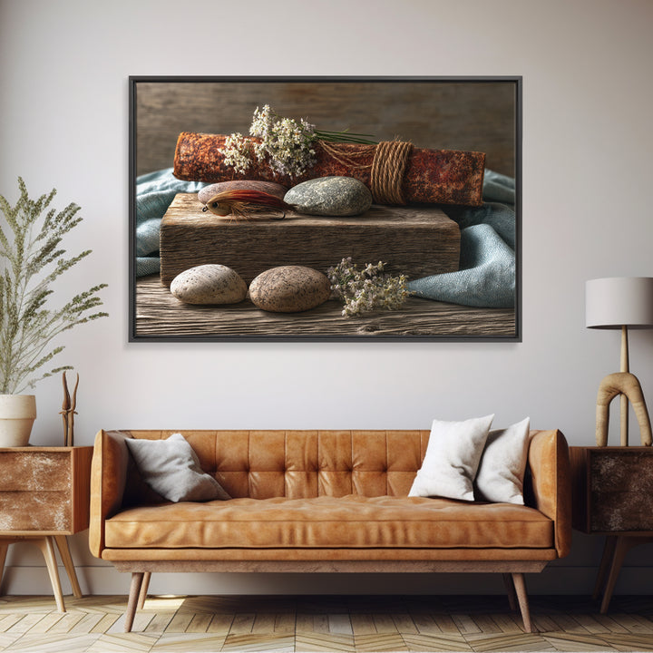 Trout Fishing Lure and River Stones Framed Canvas Print, Rustic Art, Oil Painting, Farmhouse Decor, Fine Art, Rustic, RUS-3x2-18
