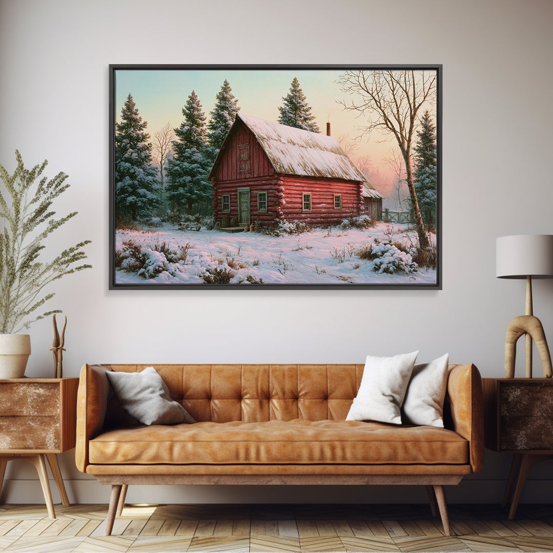 Log Cabin with Snowy Pines Framed Canvas Print, Rustic Art, Farmhouse Wall Art, Farmhouse Decor, Rustic, Statement Artwork, RUS-3x2-19