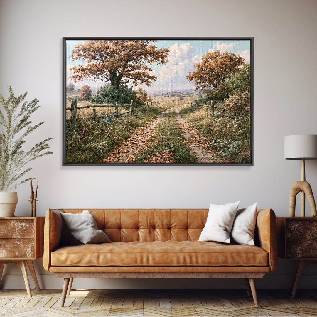 Forest Path with Golden Autumn Leaves Canvas Print, Rustic Art, Digital Print, Farmhouse Decor, Rustic, Landscape Painting, RUS-3x2-22