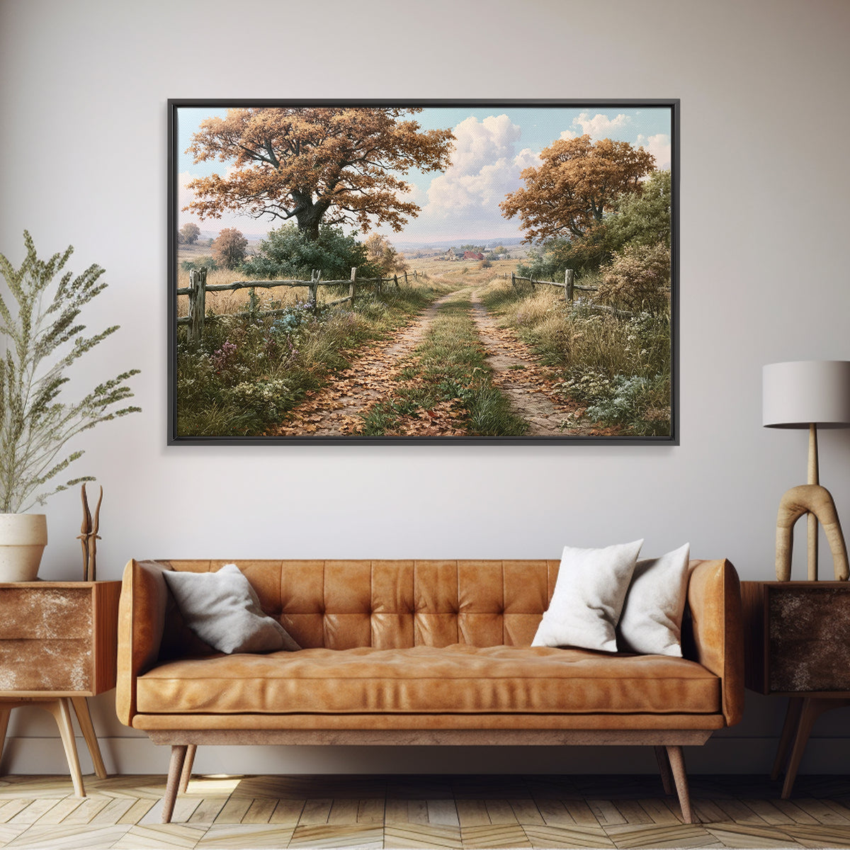 Forest Path with Golden Autumn Leaves Canvas Print, Rustic Art, Digital Print, Farmhouse Decor, Rustic, Landscape Painting, RUS-3x2-22