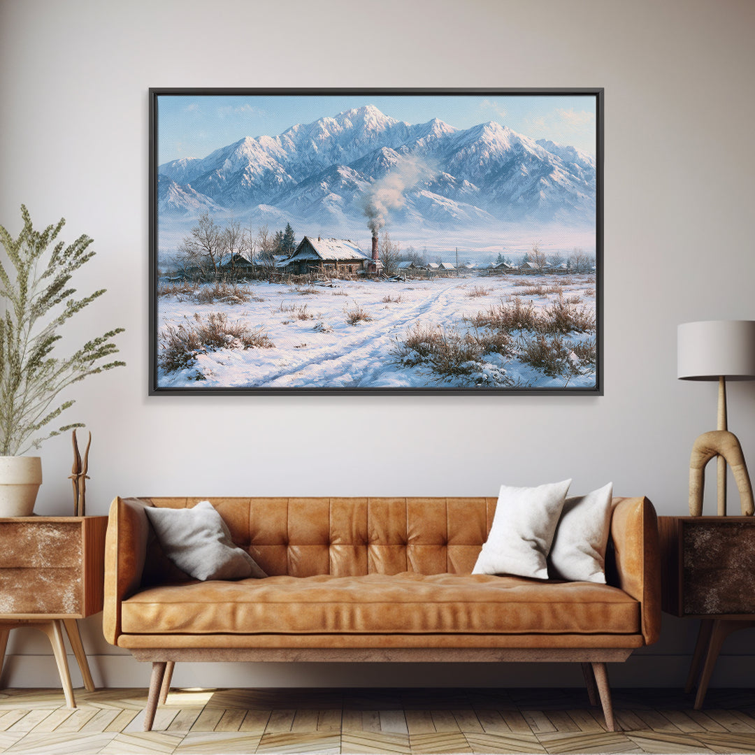 Winter Mountain Scene Framed Canvas Print, Rustic Art, Wood Art, Farmhouse Decor, Fine Art, Rustic, Wall Decor, Neutral Decor, RUS-3x2-27