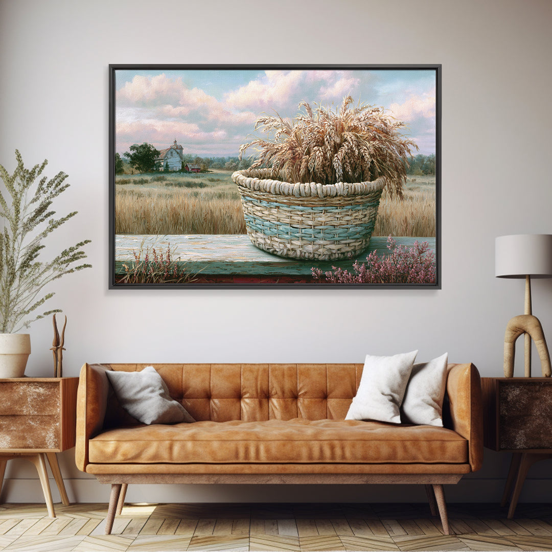 Handwoven Basket with Dried Grasses Framed Canvas Print, Rustic Art, Printable Art, Farmhouse Decor, Fine Art, Rustic, RUS-3x2-28