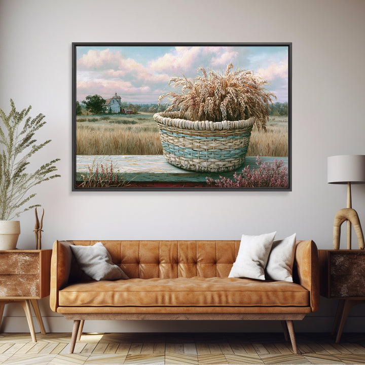 Handwoven Basket with Dried Grasses Framed Canvas Print, Rustic Art, Printable Art, Farmhouse Decor, Fine Art, Rustic, RUS-3x2-28