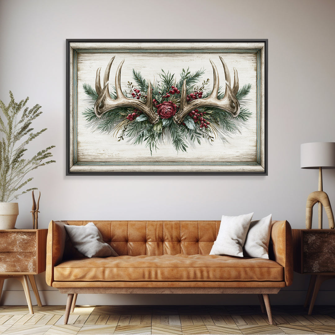 Deer Antlers with Pine Branches and Berries Canvas Print, Rustic Art, 3d Wall Art, Farmhouse Decor, Oil Painting, Rustic, RUS-3x2-30
