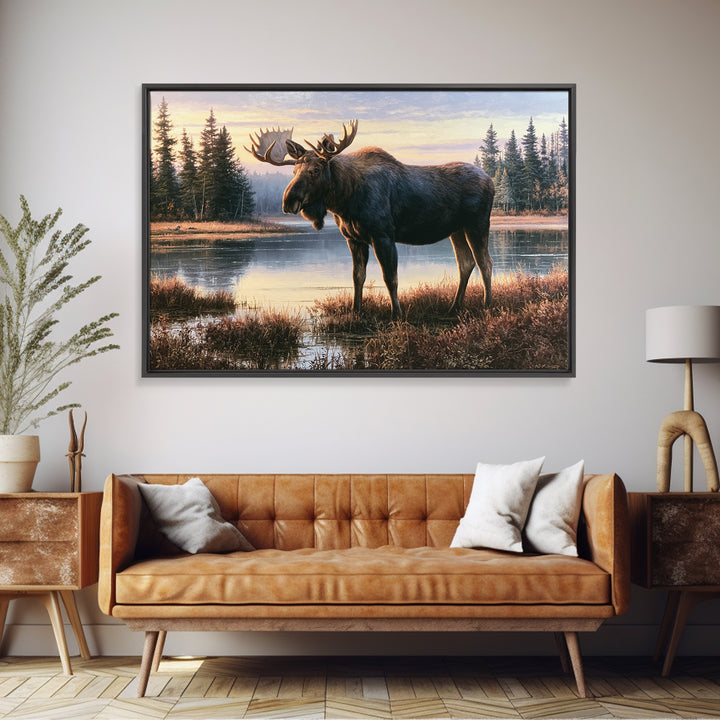 Moose Standing by a Quiet Lake Canvas Print, Rustic Art, Landscape Painting, Farmhouse Decor, Fine Art, Rustic, Modern Decor, RUS-3x2-37