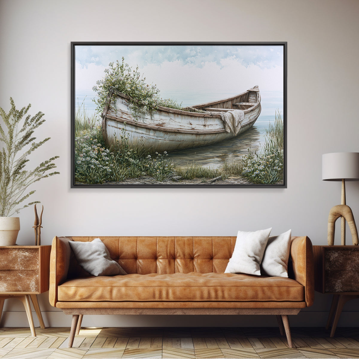 Old Canoe Pulled Onto a Lake Shore Canvas Print, Rustic Art, Landscape Painting, Farmhouse Decor, Rustic, Modern Decor, RUS-3x2-48