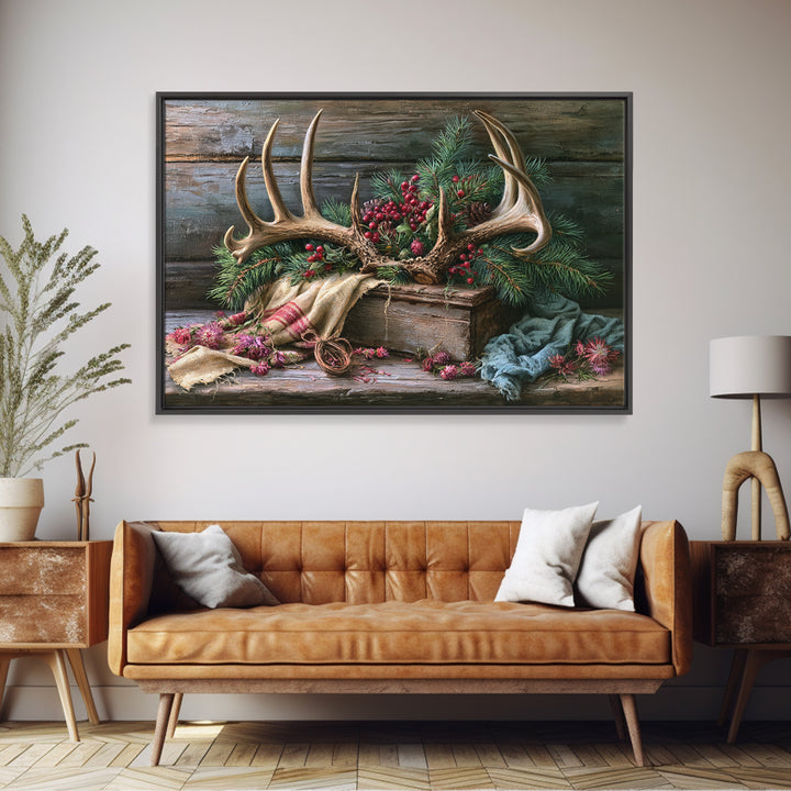 Deer Antlers with Pine Branches and Berries Canvas Print, Rustic Art, 3d Wall Art, Farmhouse Decor, Oil Painting, Rustic, RUS-3x2-54