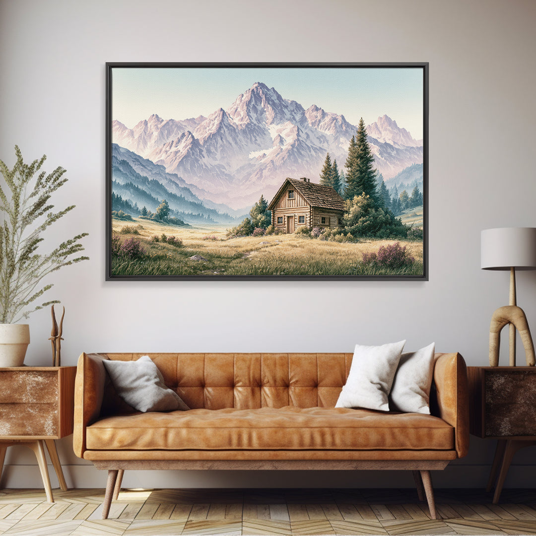 Mountain Cabin Landscape Framed Canvas Print, Rustic Art, Painting, Farmhouse Decor, Fine Art, Rustic, Boho Wall Art, RUS-3x2-55
