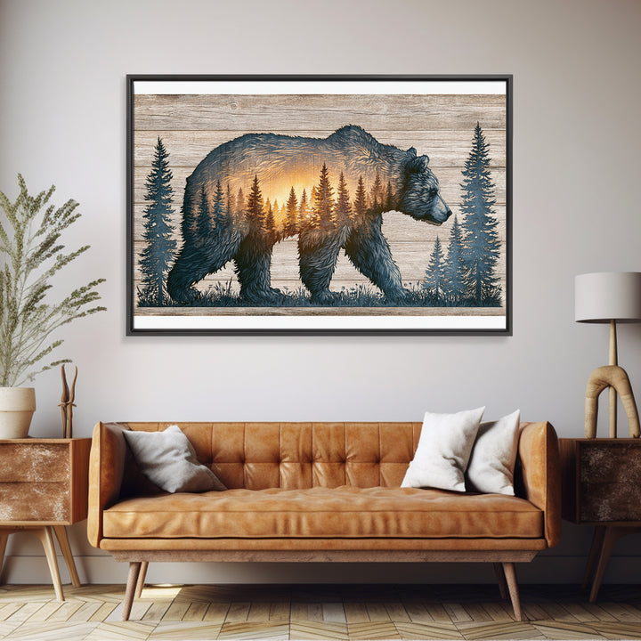 Bear Silhouette Among Pine Trees Framed Canvas Print, Rustic Art, Luxury Decor, Farmhouse Decor, Oil Painting, Rustic, RUS-3x2-59
