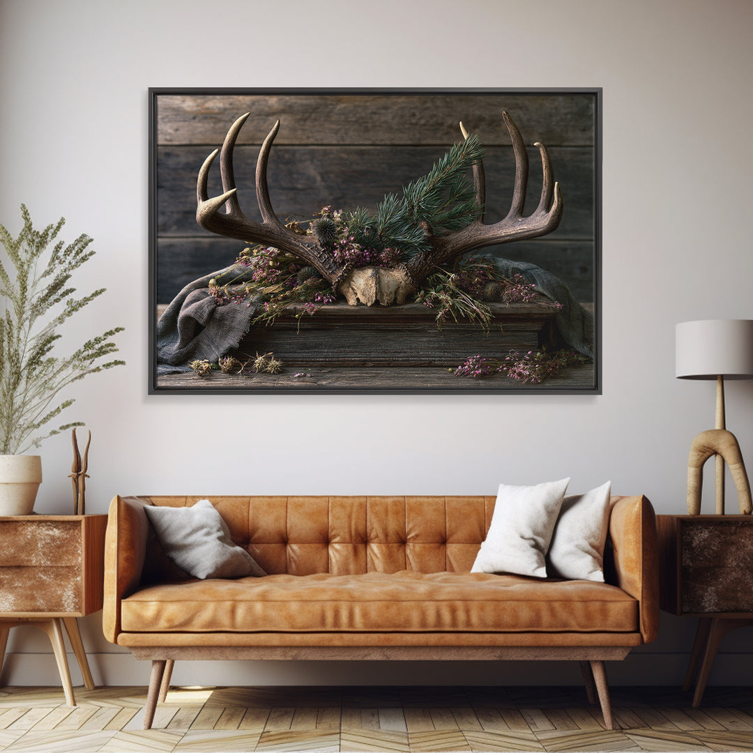 Deer Antlers with Pine Branches and Berries Framed Canvas Print, Rustic Art, Printable Art, Farmhouse Decor, Fine Art, Rustic, RUS-3x2-6