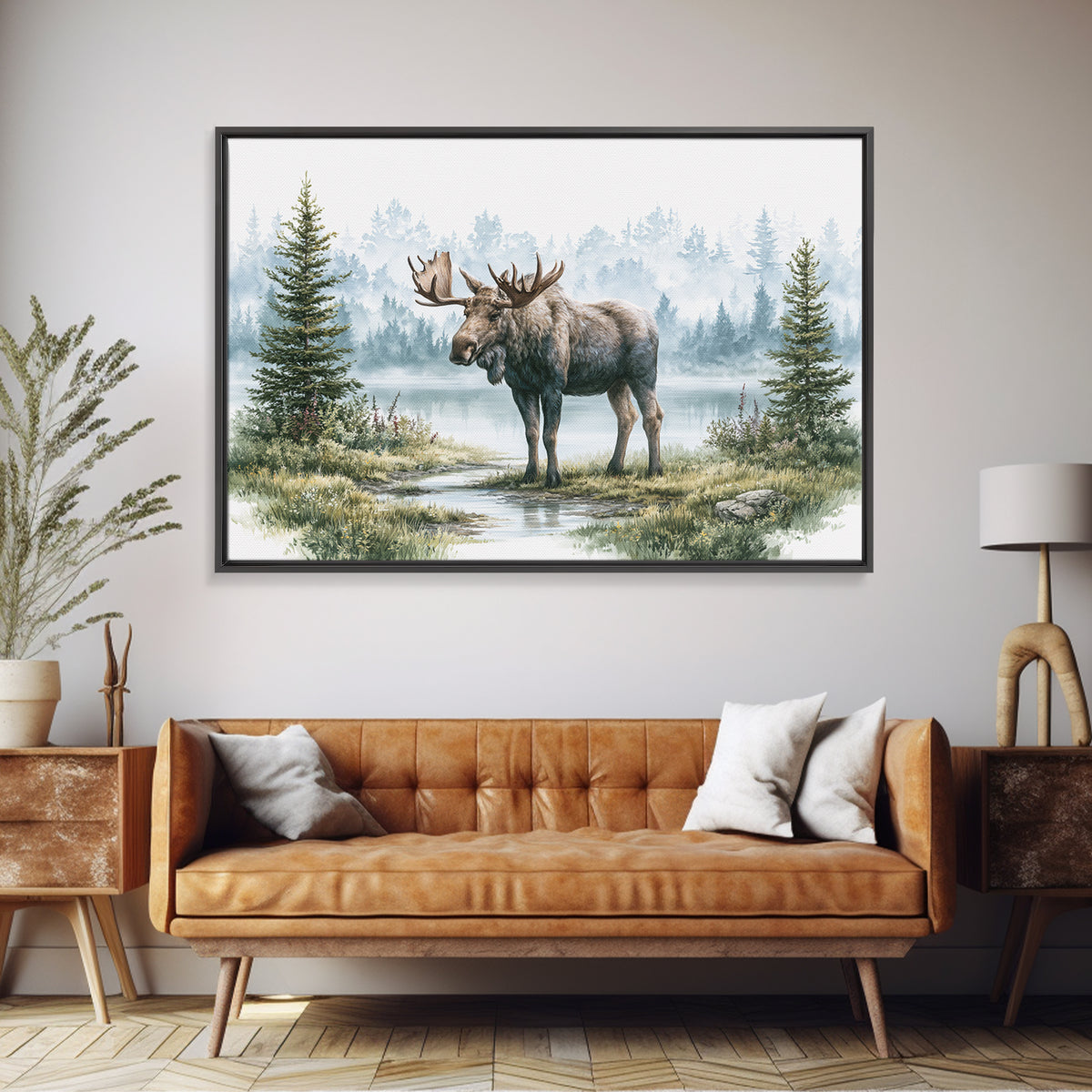 Moose Standing by a Quiet Lake Canvas Print, Rustic Art, Landscape Painting, Farmhouse Decor, Fine Art, Rustic, Modern Decor, RUS-3x2-61
