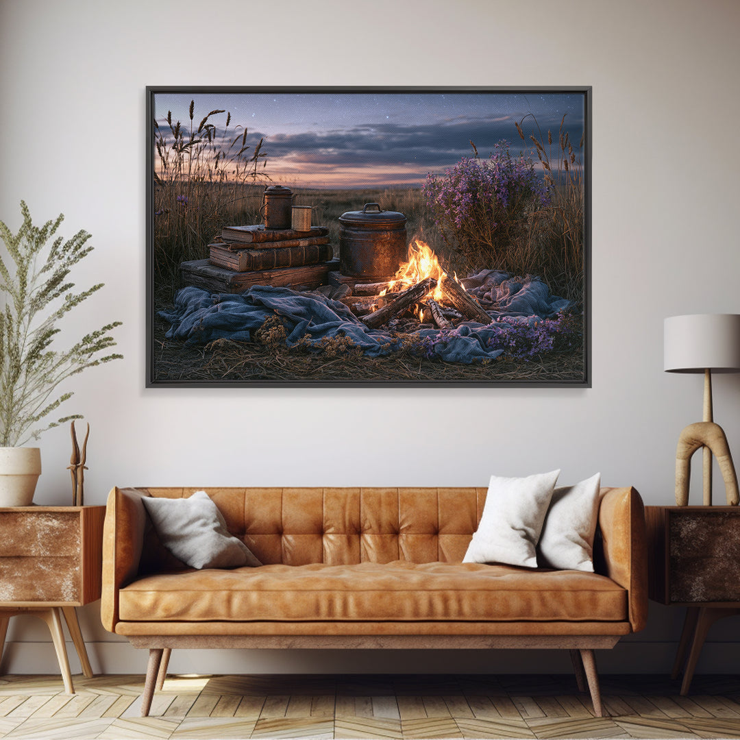 Campfire under a Starry Sky Canvas Print, Rustic Art, Farmhouse Decor, Fine Art, Rustic, Gallery Wall Art, Landscape Wall Art, RUS-3x2-62