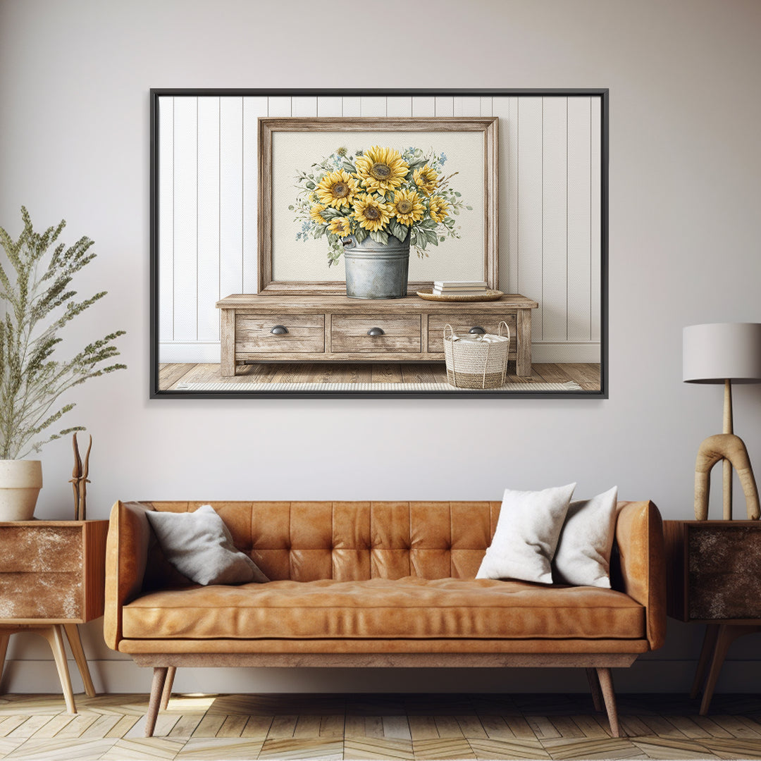 Sunflowers in a Metal Bucket Framed Canvas Print, Rustic Art, Gallery Decor, Farmhouse Decor, Fine Art, Rustic, RUS-3x2-64