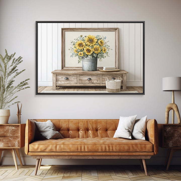 Sunflowers in a Metal Bucket Framed Canvas Print, Rustic Art, Gallery Decor, Farmhouse Decor, Fine Art, Rustic, RUS-3x2-64