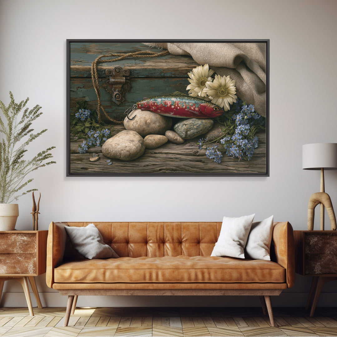 Trout Fishing Lure and River Stones Canvas Print, Rustic Art, Living Room Decor, Farmhouse Decor, Rustic, Landscape Wall Art, RUS-3x2-66