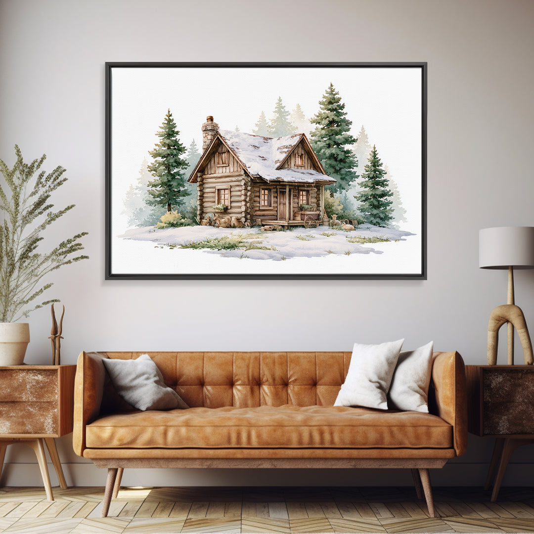 Log Cabin with Snowy Pines Canvas Print, Rustic Art, Textured Painting, Farmhouse Decor, Watercolor Art, Rustic, Digital Print, RUS-3x2-67