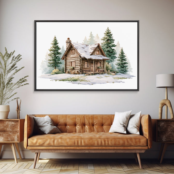 Log Cabin with Snowy Pines Canvas Print, Rustic Art, Textured Painting, Farmhouse Decor, Watercolor Art, Rustic, Digital Print, RUS-3x2-67