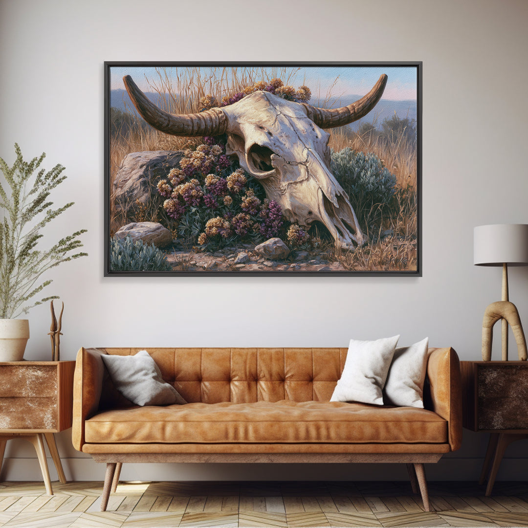 Cow Skull with Desert Flowers Framed Canvas Print, Rustic Art, Farmhouse Wall Art, Farmhouse Decor, Fine Art, Rustic, RUS-3x2-69