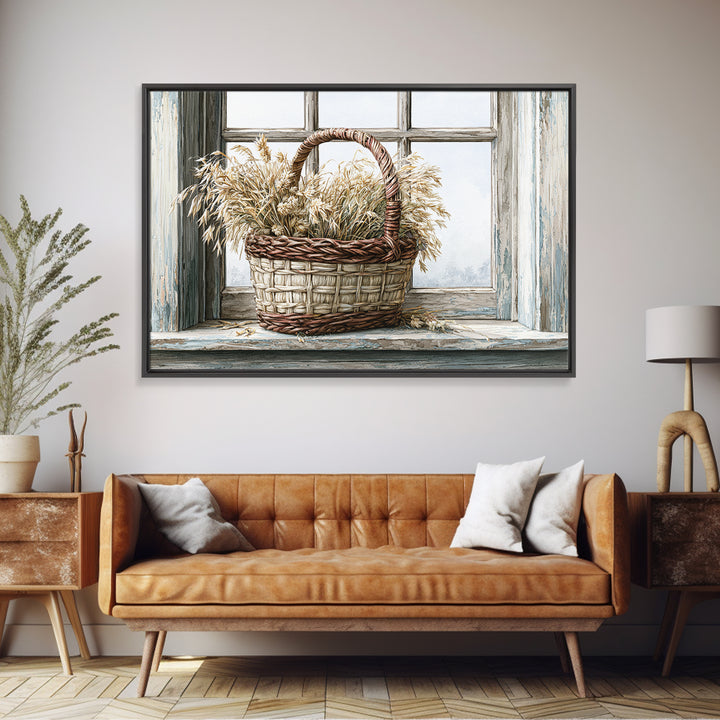 Handwoven Basket with Dried Grasses Canvas Print, Rustic Art, Downloadable Art, Farmhouse Decor, Watercolor Art, Rustic, RUS-3x2-76
