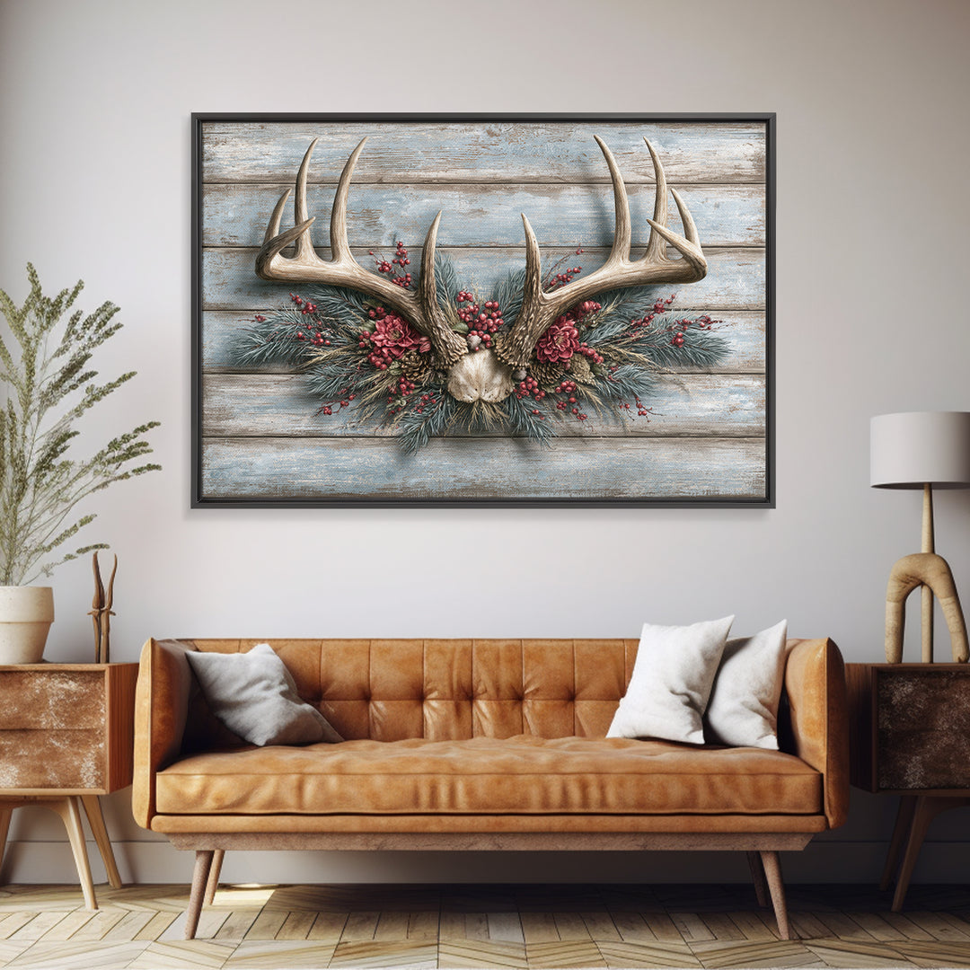 Deer Antlers with Pine Branches and Berries Framed Canvas Print, Rustic Art, Eclectic Wall Art, Farmhouse Decor, Watercolor Art, RUS-3x2-78