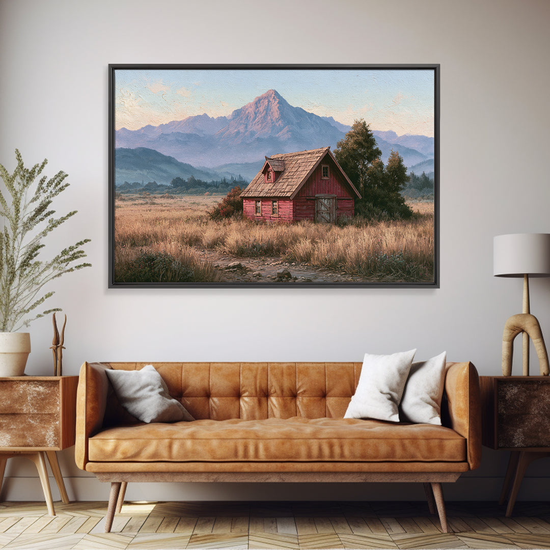 Mountain Cabin Landscape Framed Canvas Print, Rustic Art, Landscape Wall Art, Farmhouse Decor, Fine Art, Rustic, Luxury Decor, RUS-3x2-79