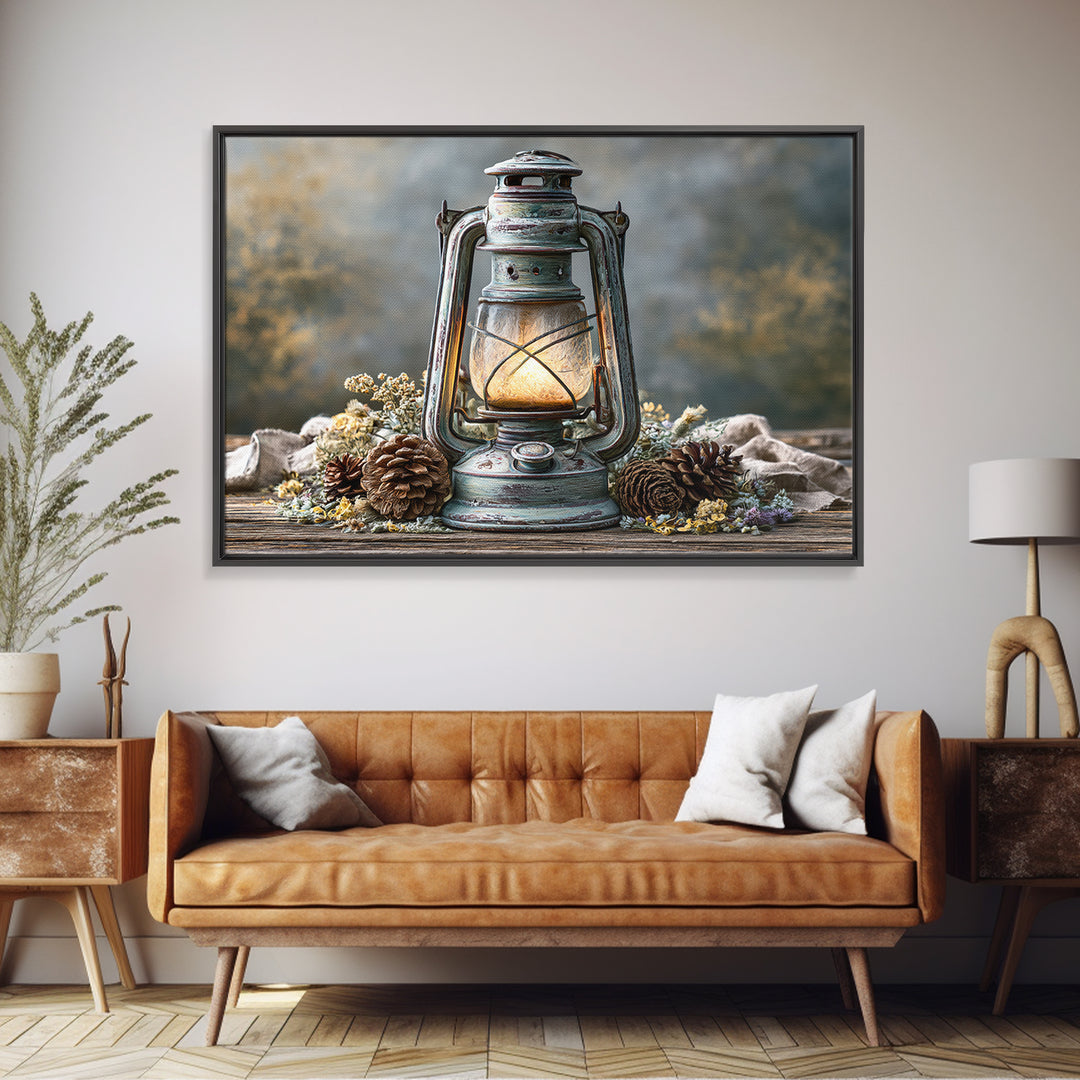 Rustic Lantern Glowing Beside Pinecones Framed Canvas Print, Rustic Art, Fine Art Print, Farmhouse Decor, Watercolor Art, RUS-3x2-80